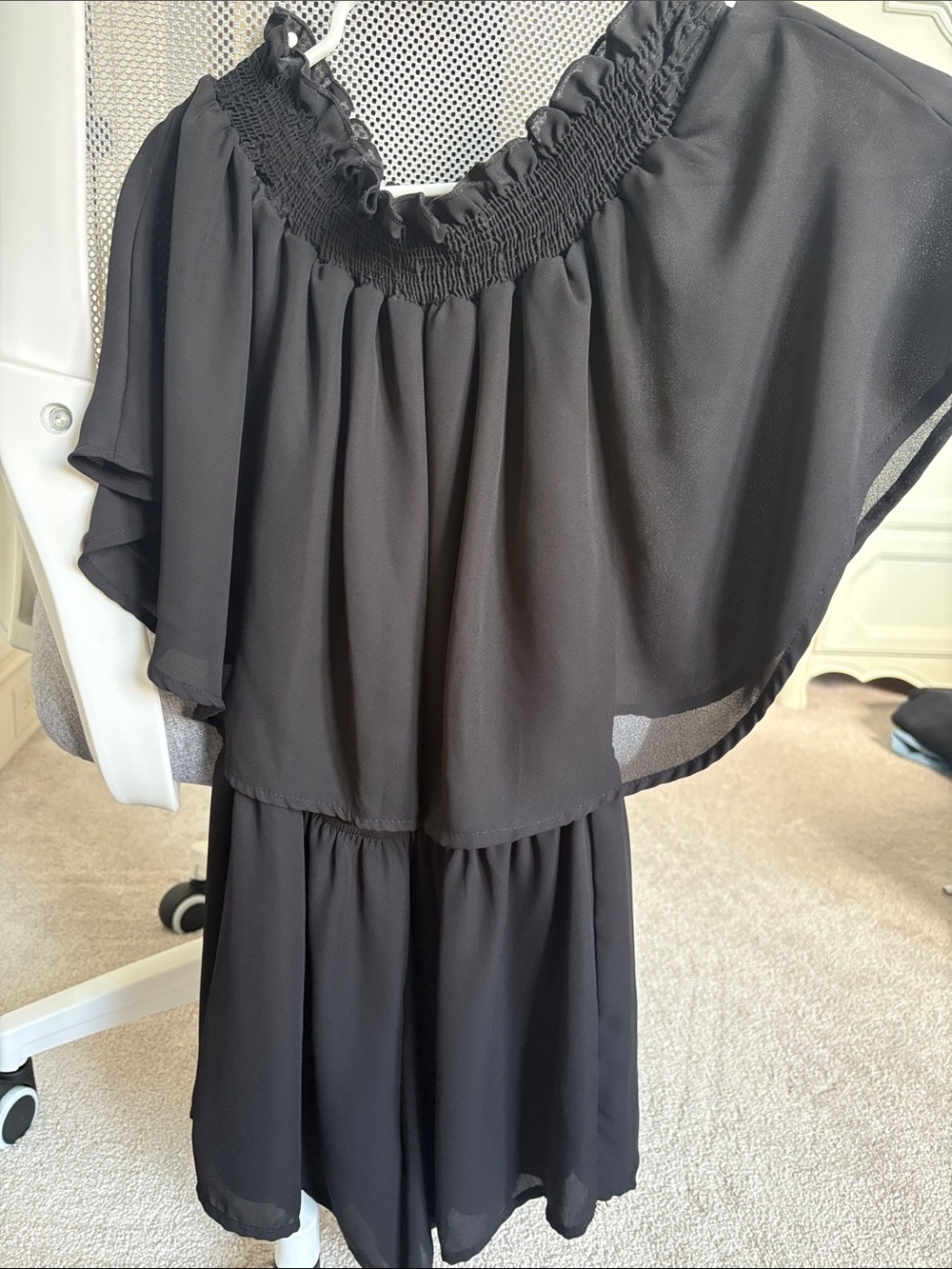 Black Smocked-Neck Off-Shoulder Romper